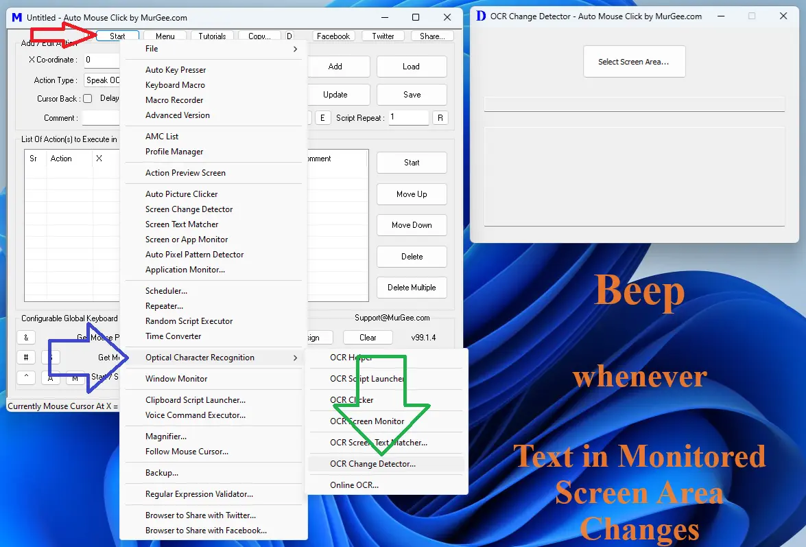 Screenshot displays how to get started with OCR easily and quickly with beep on Screen Text Change